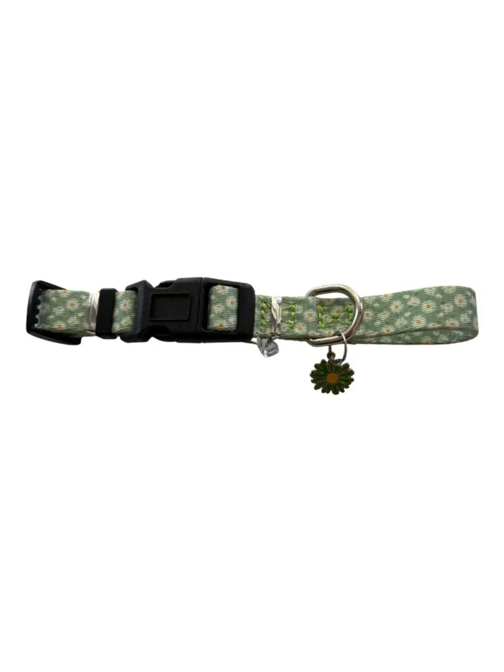 Green Daisy Floral Dog Collar with Flower Charm Adjustable Small Medium (2714-1)